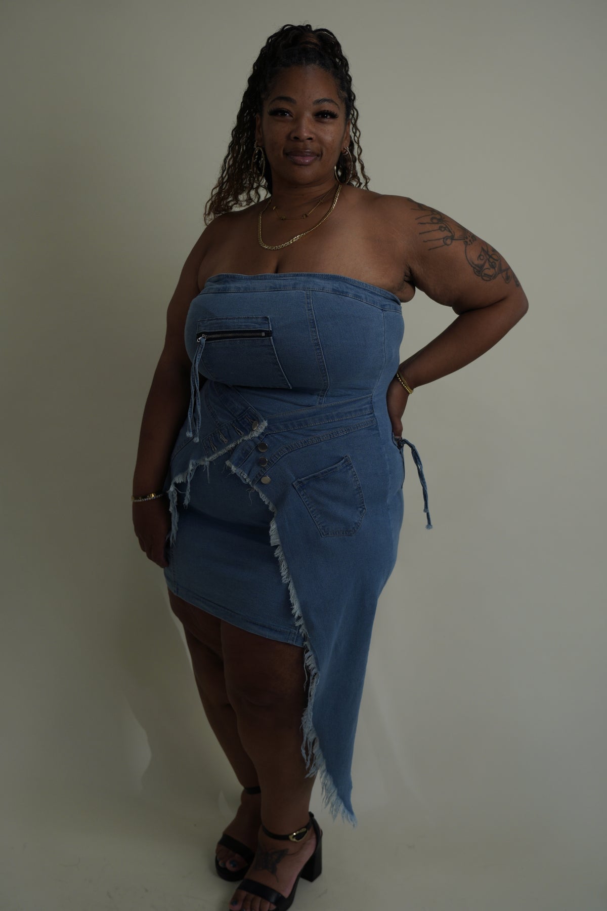 Irregular Denim Strapless Mini Dress
